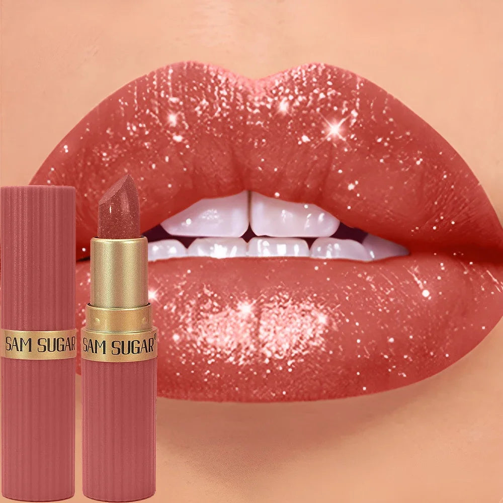 Chocolate Brown Luxurious Metallic Glitter Lipstick Long-Lasting Waterproof Non-Fade Shimmery Pearl Sparkling Lip Gloss Makeup