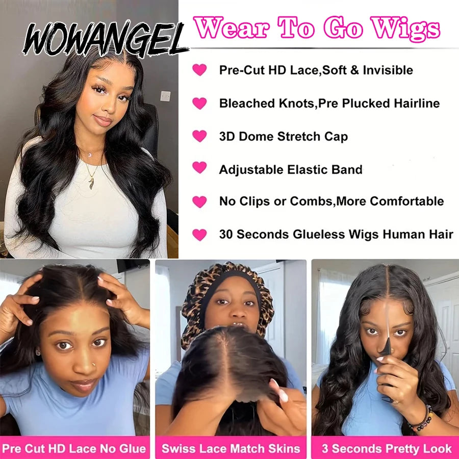 WowAngel 34inches Pre Cut 9x6 HD Lace Closure Wigs Wear To Go Glueless 250% Body Wave Human Hair Wigs Pre Plucked Brazilian Hair