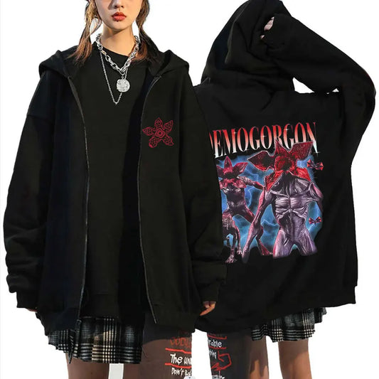 The Demogorgon Cannibal Flower Monster Graphic Zipper Hoodie Eddie Munson Zip Up Sweatshirt Men Women Casual Oversized Jacket