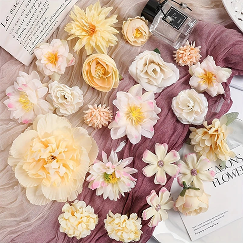 Artificial Flowers Head Silk Fake Flowers for Home Decor Wedding Marriage Decoration Bride DIY Craft Gifts Garland Accessories