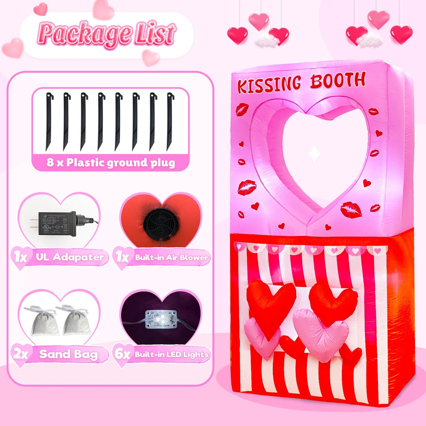 7FT Valentines Day Inflatables Outdoor Decorations, Kissing Booth Valentine Blow Up Inflatable with LEDs for Home Yard Outdoor