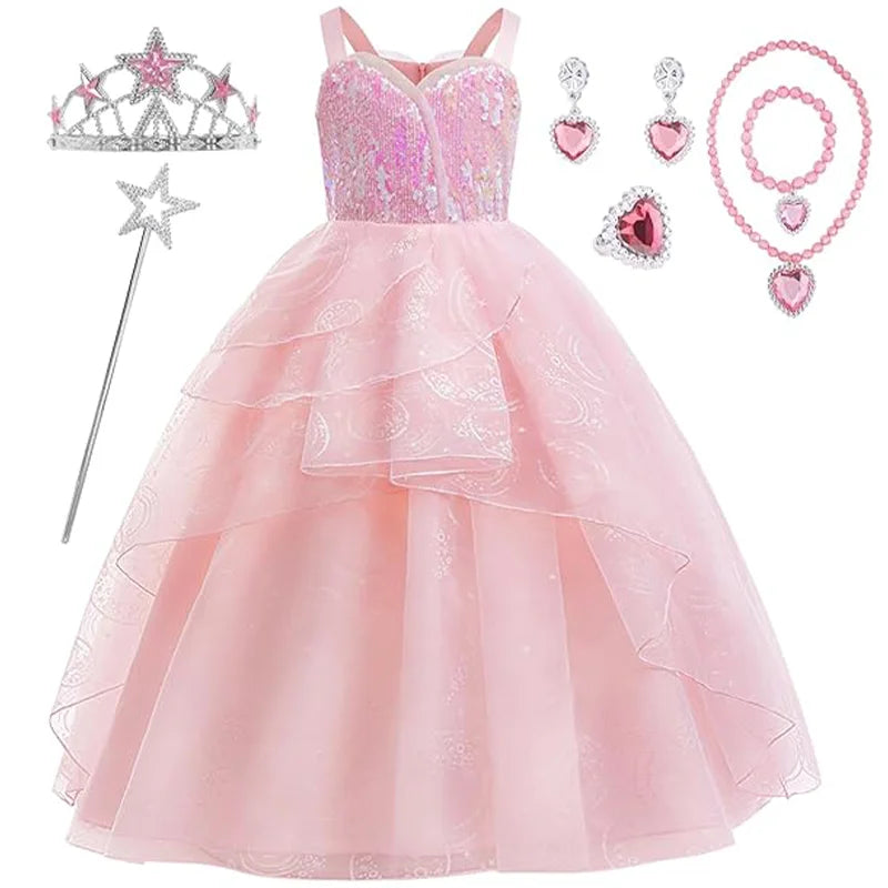 Good Witch Glinda Costume Pink Dress With Crown Magic Wand And Gloves For Wicked Girls Halloween Cosplay Birthday Prom Outfits