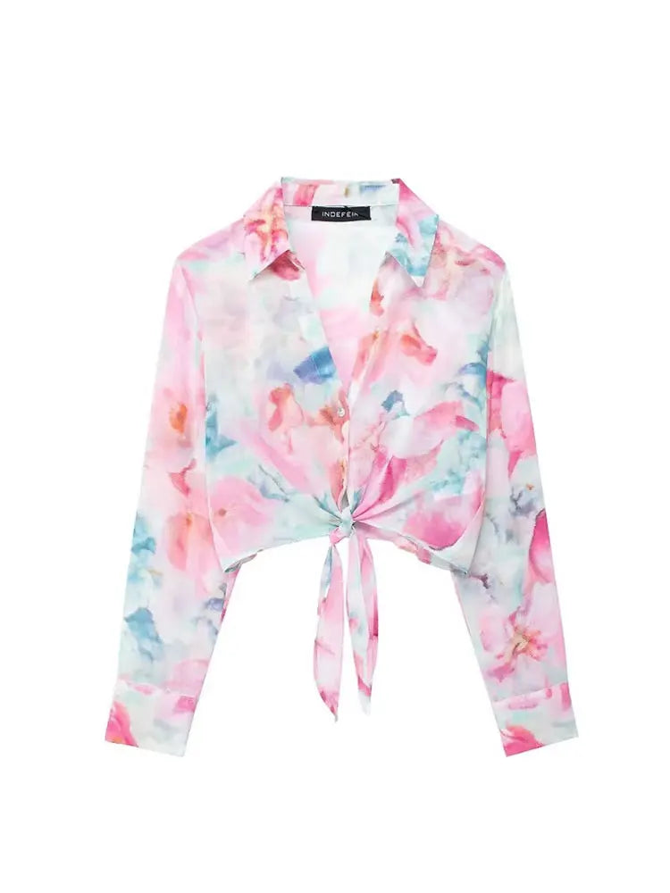 HH Woman New Fashion Summer Casual Shirts Print Turn-Down Collar Long Sleeves Bow Single Breasted Female Bohemian Blouse