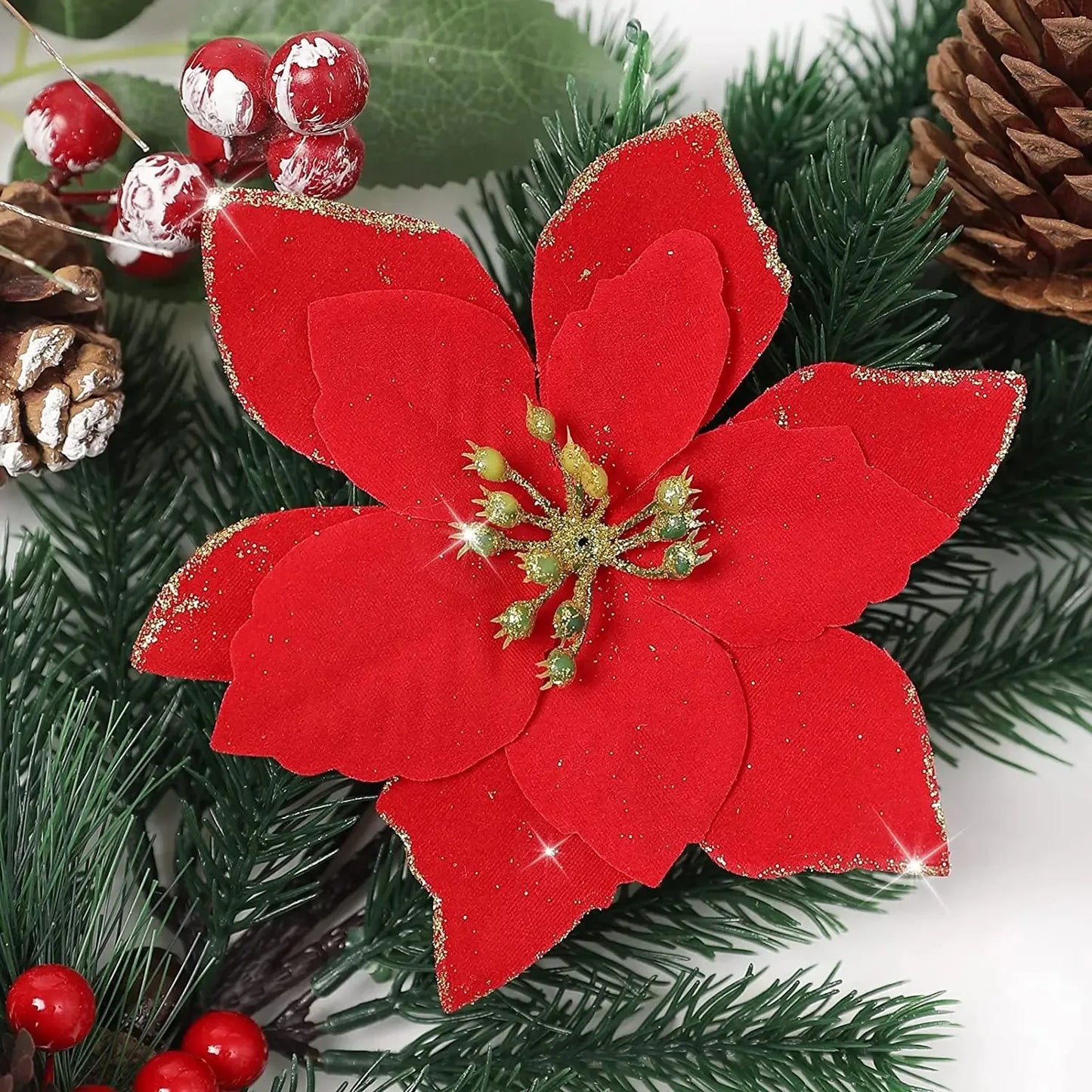 10Pcs Artificial Flowers Christmas Decoration 13CM Xmas Tree Pendant Ornaments for Home Room Decor Navidad New Year 2025 Garland