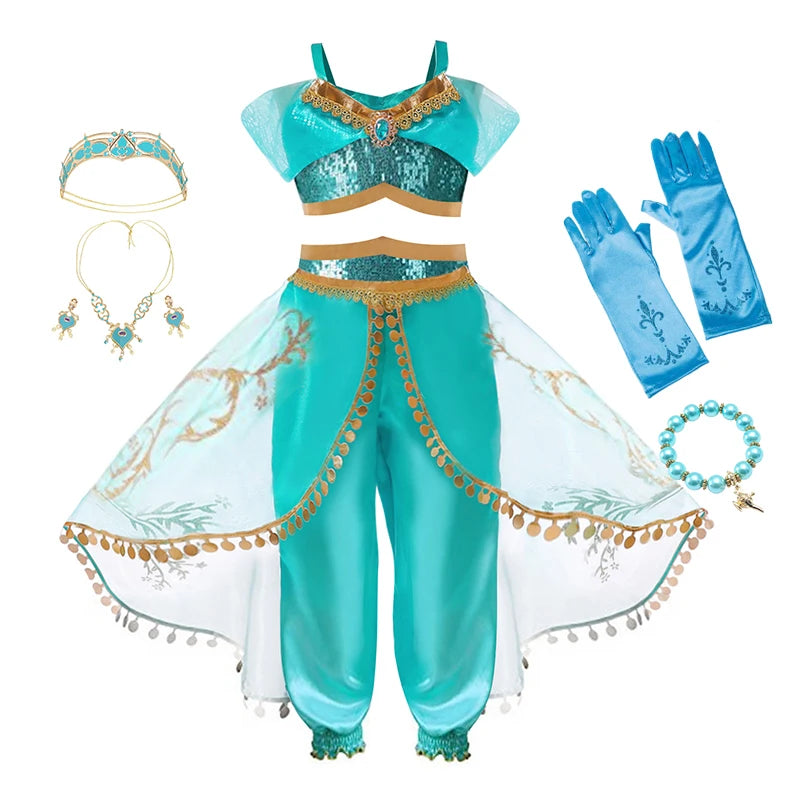 Baby Girls Cosplay Disney Jasmine Costume Aladdin Princess Dress Kids Magic Lamp Fancy Birthday Party Dresses Jasmine Clothes