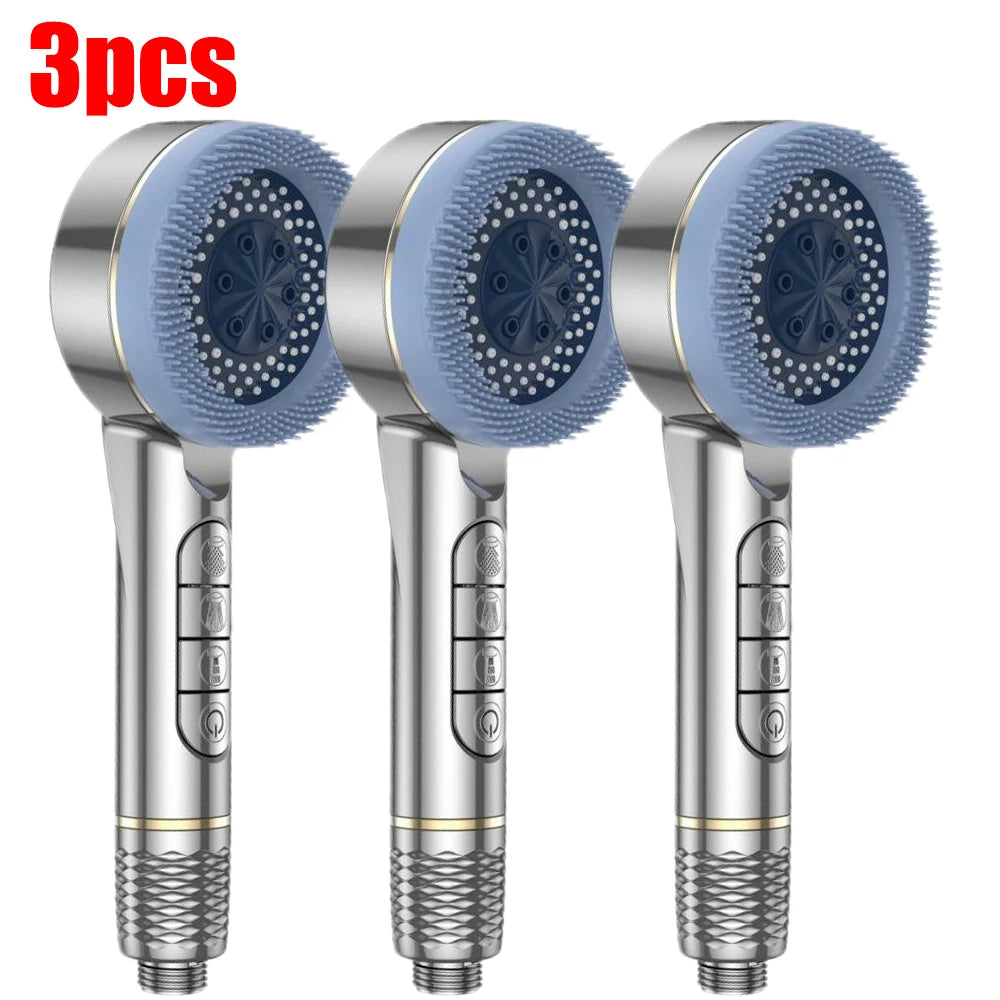4 Modes Pressurized Shower Head Thickened ABS Handheld Filter Showerhead with Silicone Brush One-Key Stop Water Shower Nozzle