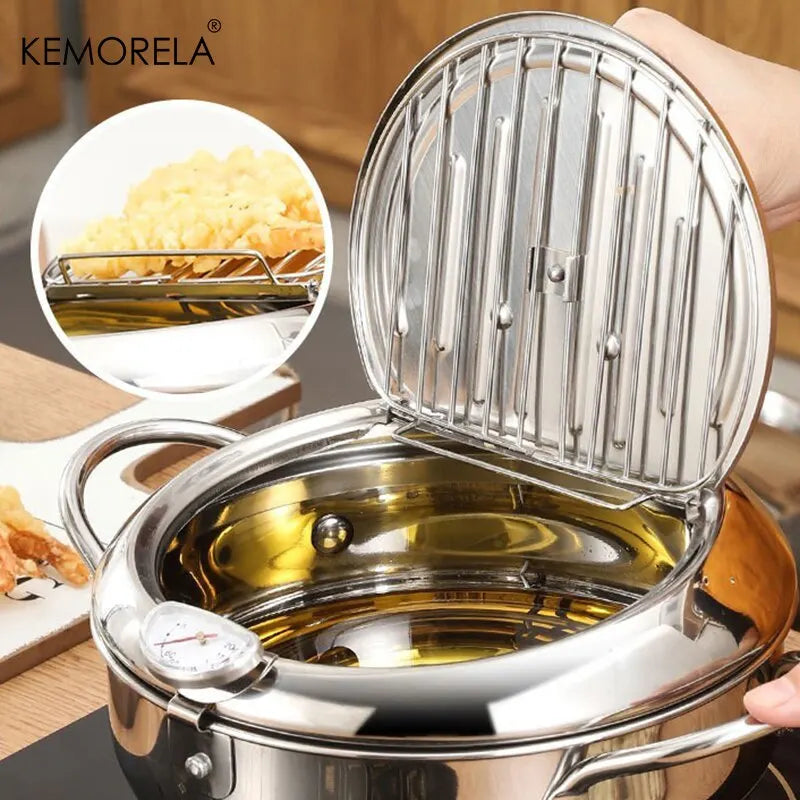 Stainless Steel Oil Pan with Thermometer Multiple Sizes Fryer Thermometer Cover for Tempura French Fries Home Kitchen Frying Pan