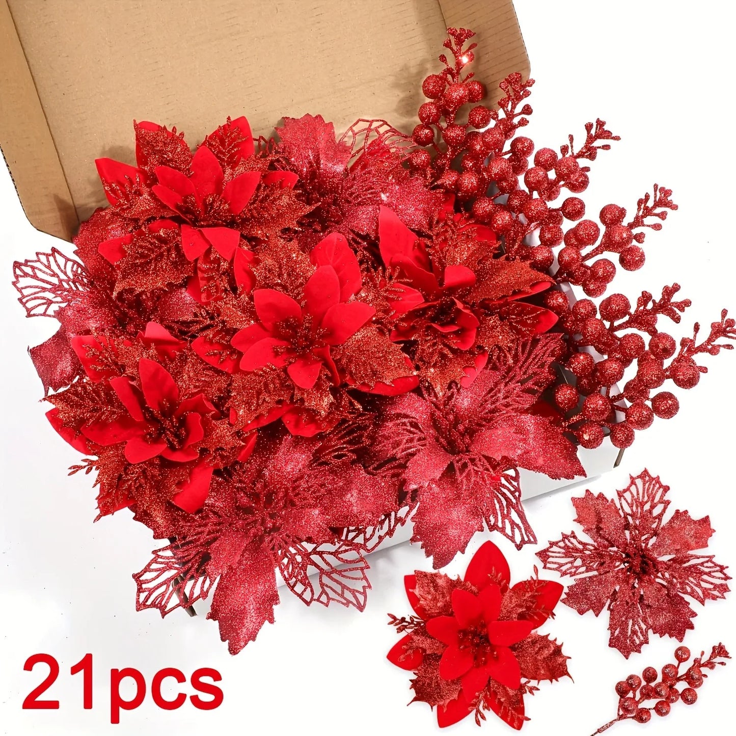 21Pcs Artificial Flowers Berry Bouquet Christmas Decoration Vase for Home Room Decor Fake Flowers Garland Ornament Accessories