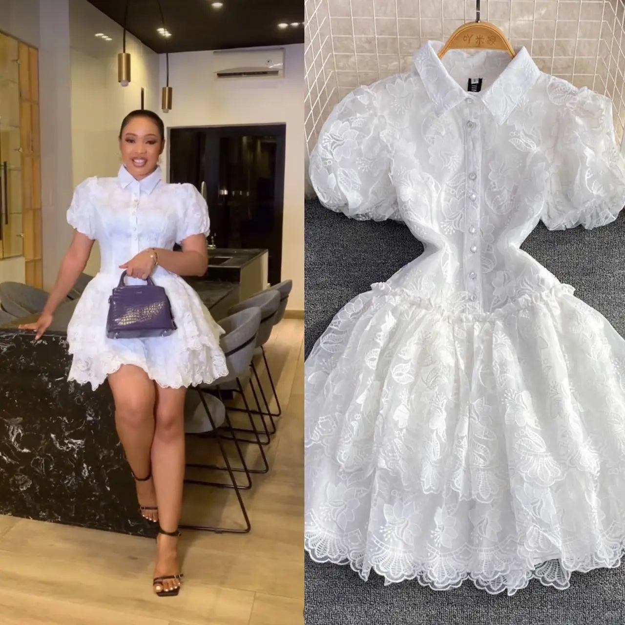 Short Dress Women Dresses Lace A Line Vestidos Turn Down Collar Puff Sleeve Slim White Single Breasted Elegant Y2k High Waist