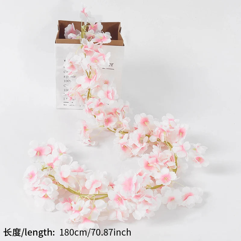 180CM Artificial Cherry Blossoms Vines Silk Sakura Flowers Rattan Hanging Garland Ornaments Wedding Party Garden Home Decoration