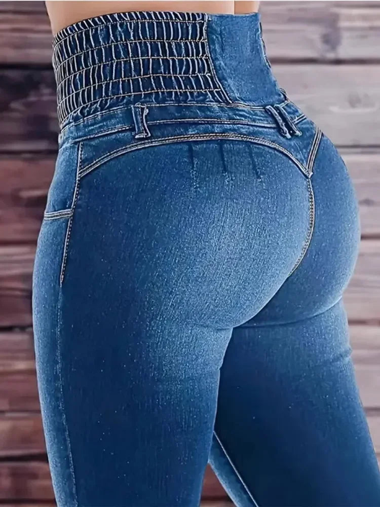 Spring High Waist Elastic Waist Denim Jeans Women's Long Flare Pants Breathable Butt-Lifted plus Size Basic Trousers