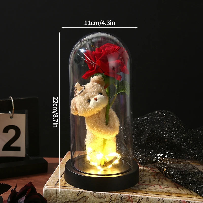 Eternal Red Rose Artificial Flowers with LED Light Creative Valentine's Day Gift Rose in Glass Cover Simulation Rose Flower