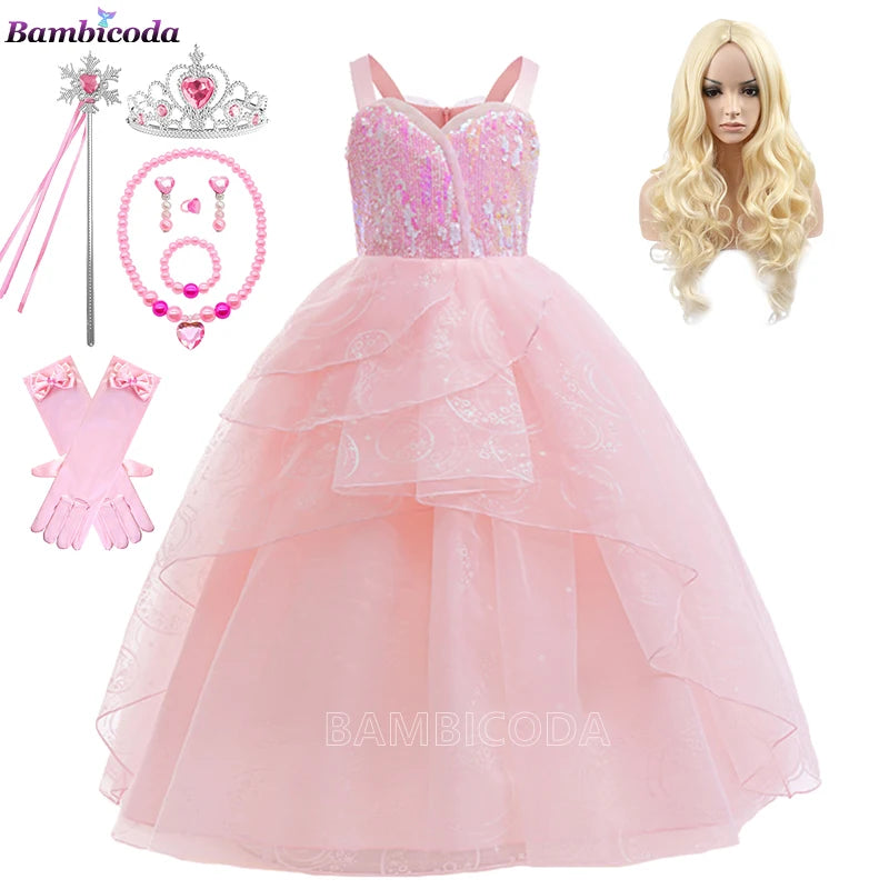The--Wicked Glinda Elphaba Cosplay Costume Glinda Pink Princess Dress Costume For Girl Party Cosplay Movie Party Witch Clothing