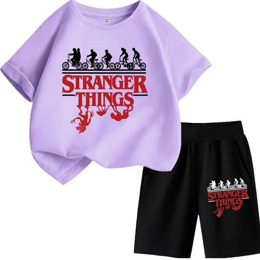 Stylish Stranger Things Kids T-Shirt Set with Silhouette Bikes and Demogorgon Design for Boys/Girls