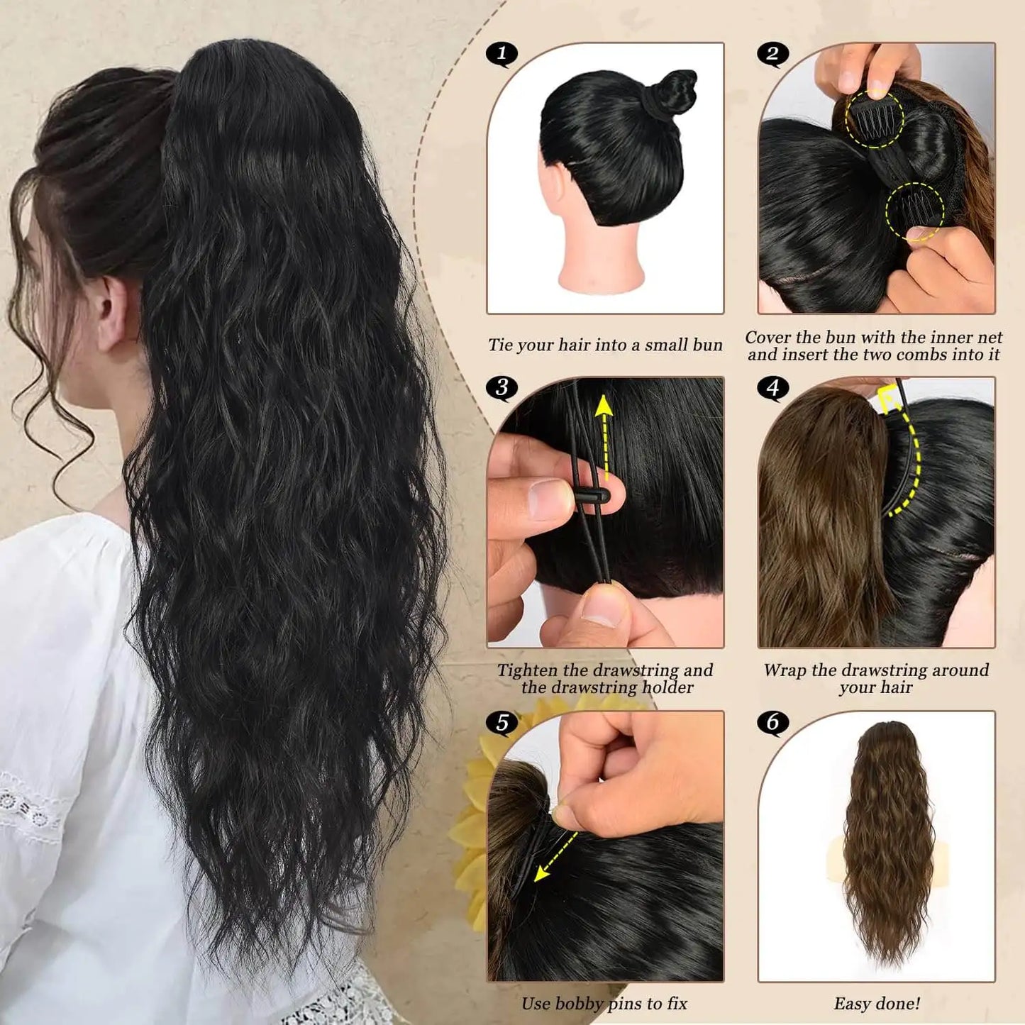 26inch Synthetic Long Curly Wavy Ponytail Extension Drawstring Ponytail Hair Extensions for Women Hairpiece for Daily Use Party