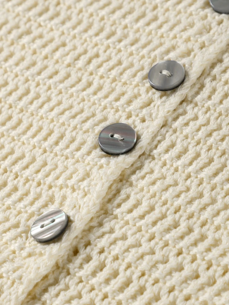 Off Shoulder Knitted Sweater Slanted Shoulder Hollow Out Knitwear Women Button Loose Casual Slimming Top Long Sleeved Blouse