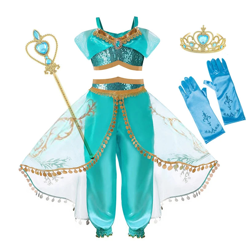 Baby Girls Cosplay Disney Jasmine Costume Aladdin Princess Dress Kids Magic Lamp Fancy Birthday Party Dresses Jasmine Clothes