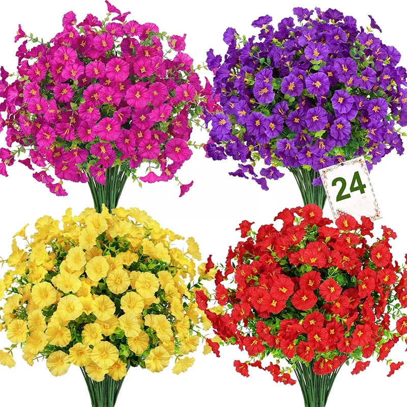 35CM Artificial Fake Silk Morning Glory Flower Green Eucalyptus Plant UV Protection for Porch Courtyard Garden Summer Home Decor