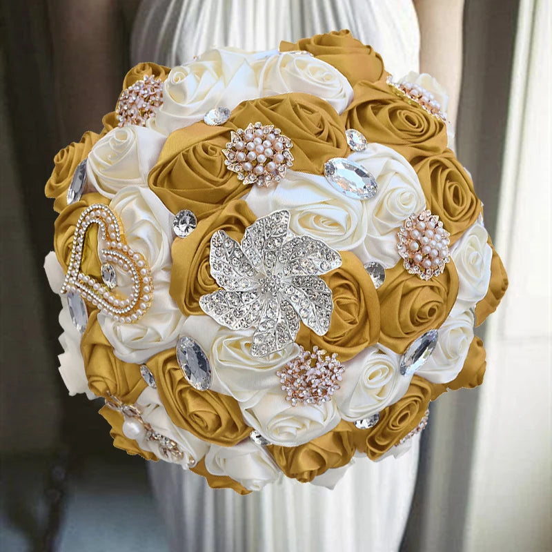 1pc/lot Gold Bridal Wedding Bouquet  Satin Rose Artificial Flowers Wedding Bouquet de novia On Sale