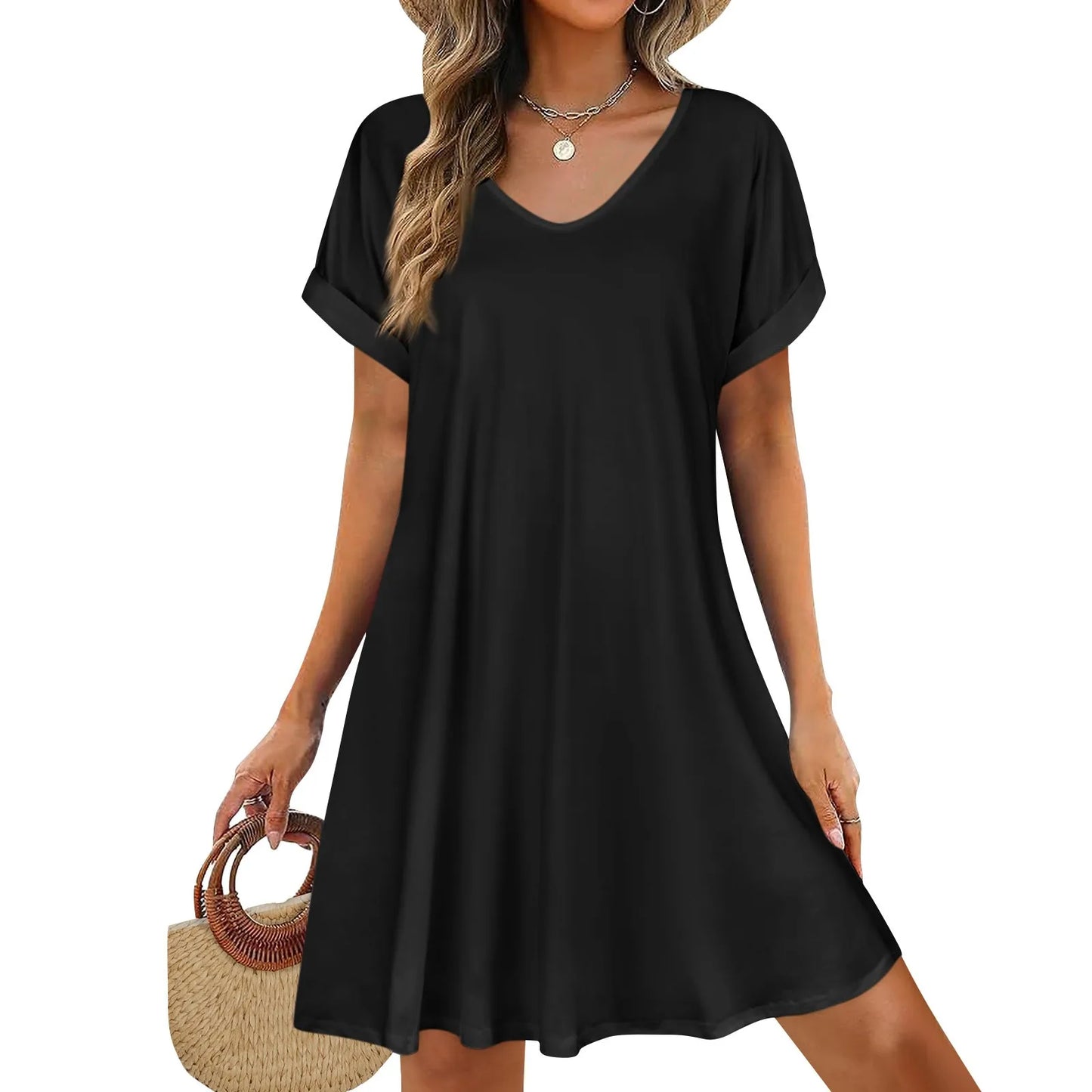 2025 Women Summer Dresses Sex Bikini  Short Sleeve Casual Beach T-shirt Dress Round Neck Loose Swing Sundress