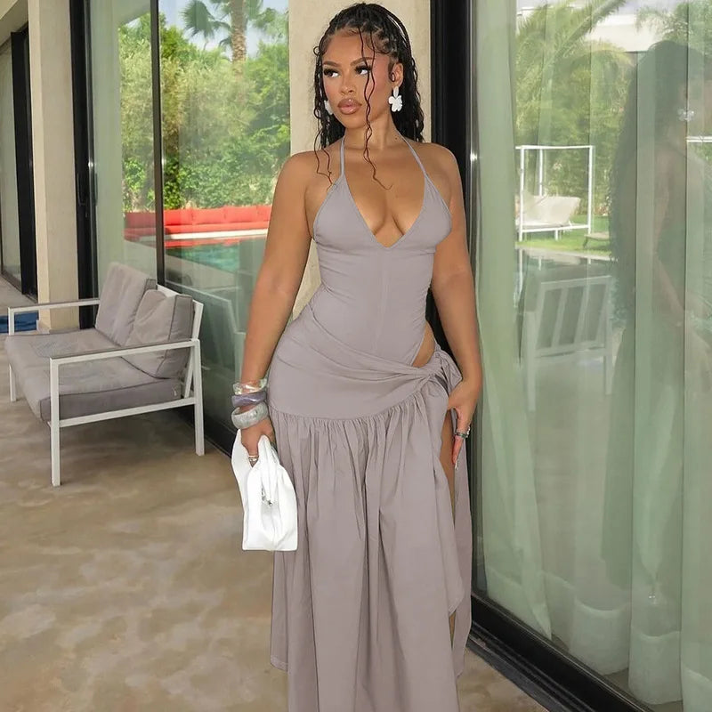 Woman Summer Vacation Sexy Cut Out Dress Sets Halter Deep V Neck Bodysuit and Tie Maxi Long Skirt Set Party 2 Two Piece Outfit