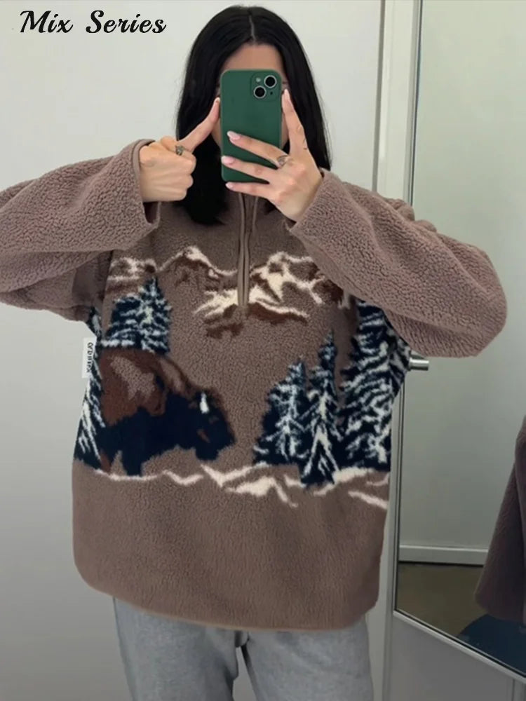  Fashion Printed Sherpa Pullover Women's Loose Long Sleeve Zippers Cozy Style Top 2025 Autumn New Lady Casual Warm Outerwear