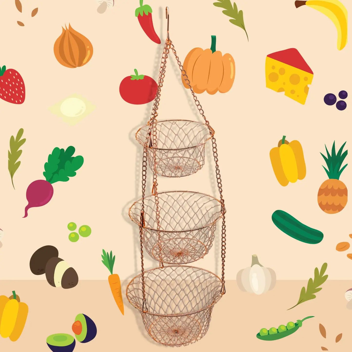 3 Tiered Hanging Organizer Basket Vegetable Holder Large Capacity Basket Kitchen Snacks Vegetable Storage Shelf for Kitchen