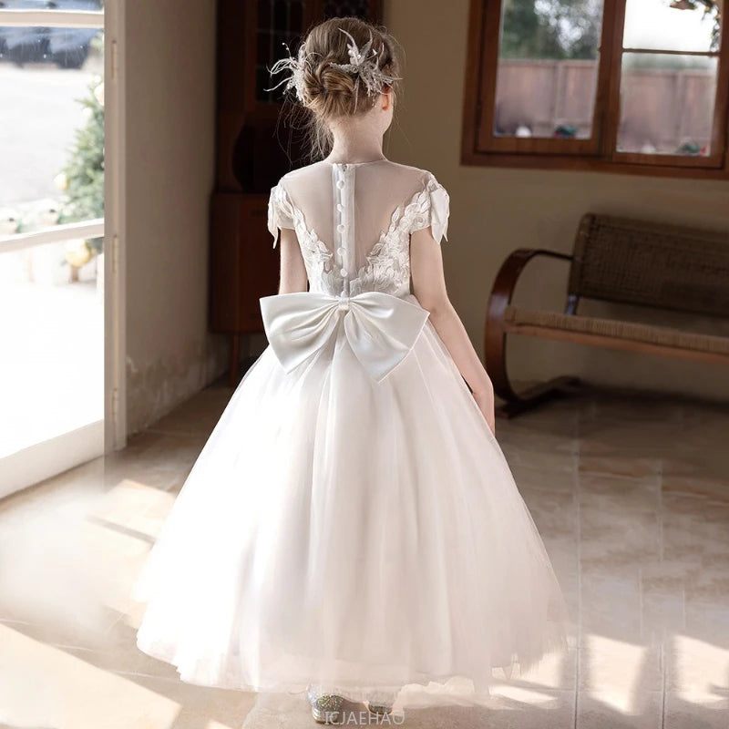 Wed Dress 2025 White Teen Girls Wedding Dress Tulle Ball Gown Big Bow Bridesmaid Dresses Formal Evening Gown Party Wear Costume