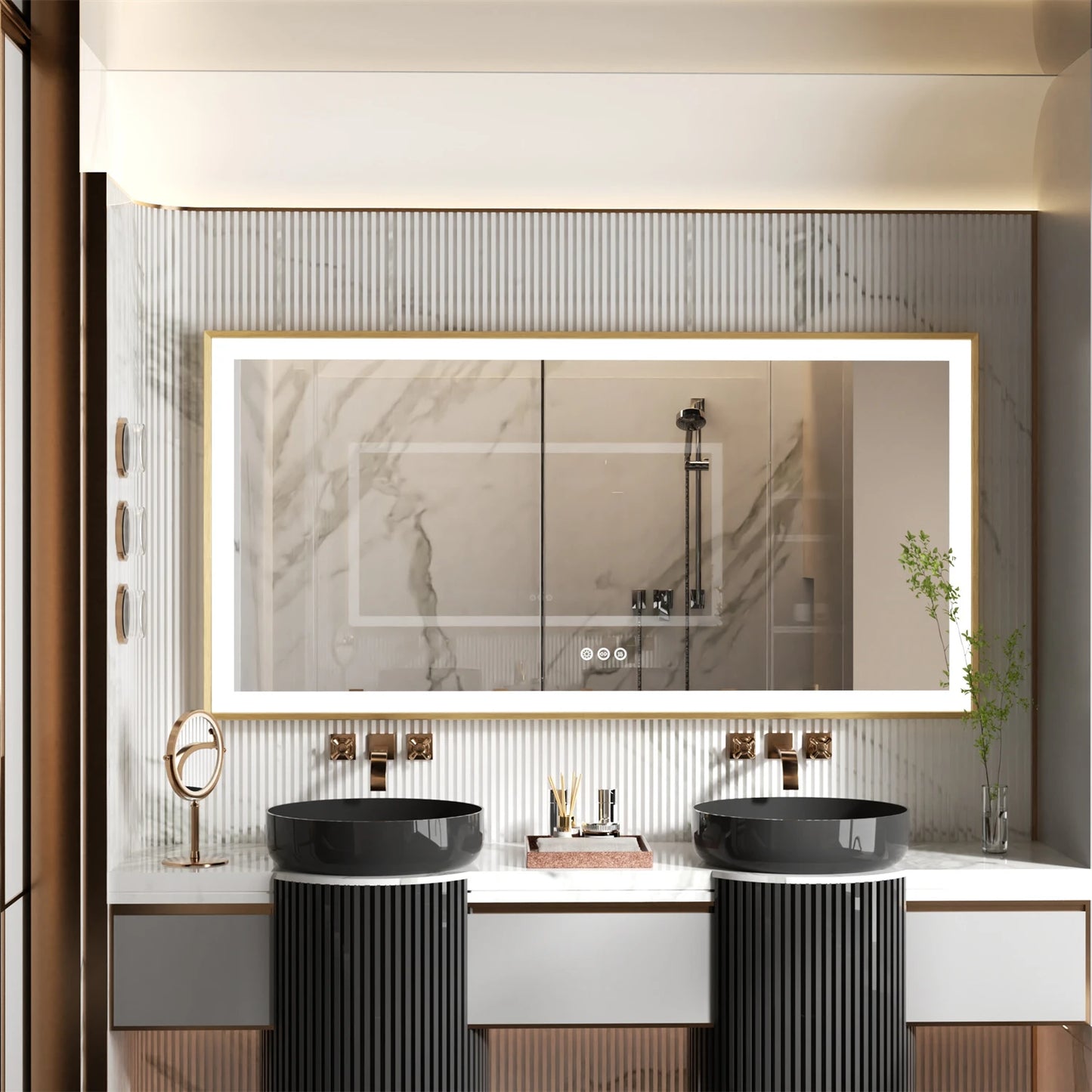 Smart LED Bathroom Mirror Demister Touch Sensor Gold Brushed Brass Frame Anti-Fog Vanity Wall Mirror 3 Sizes