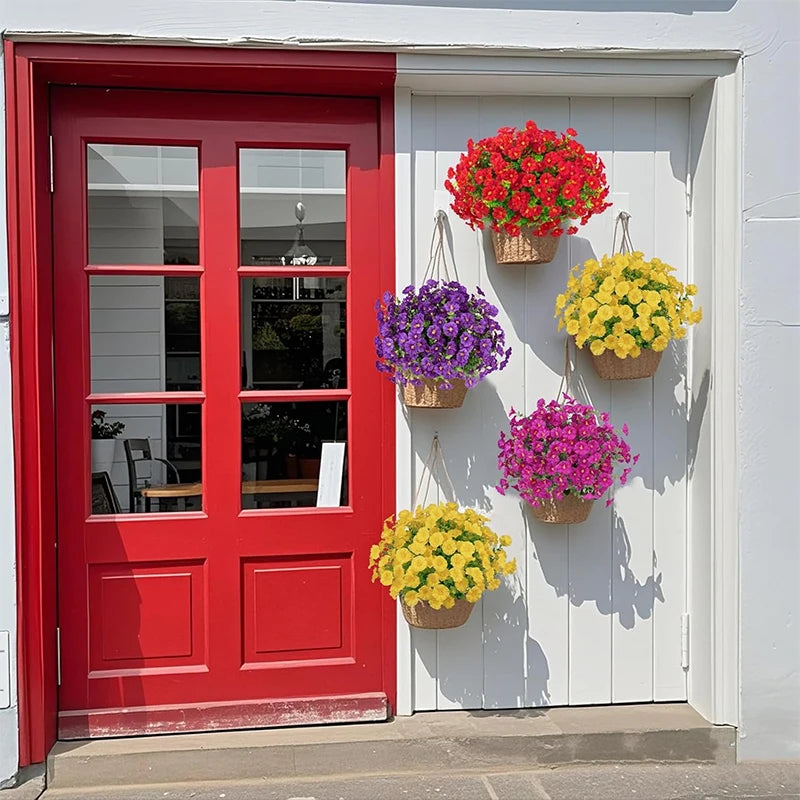 35CM Artificial Fake Silk Morning Glory Flower Green Eucalyptus Plant UV Protection for Porch Courtyard Garden Summer Home Decor