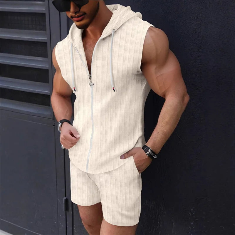 5 colors available for men's hooded sleeveless zipper plaid suit Slim fashion casual sports vest shorts two-piece set trendy top