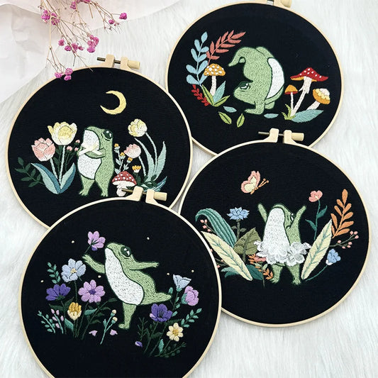 Stamped Embroidery Kit for Beginners with Cute Dancing Frog Cross Stitch kit Color Threads Beach Ocean Style Cross Stitch Kit