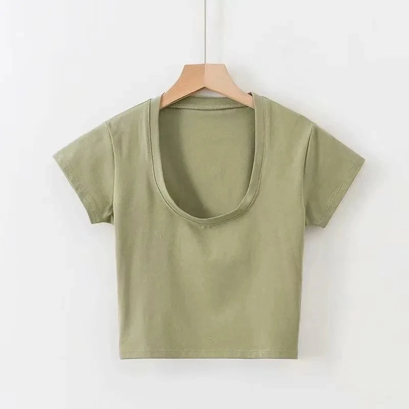 Summer Sexy T Shirt Tops for Women Clothes Stretch Slim Tees Shirt Femme U Neck Short Sleeve T-shirts Streetwea Crop Top