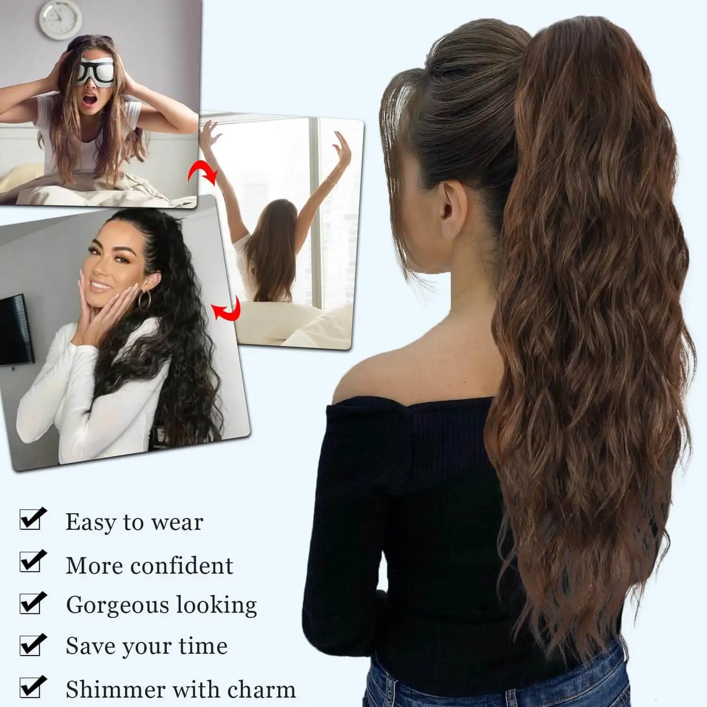 26inch Synthetic Long Curly Wavy Ponytail Extension Drawstring Ponytail Hair Extensions for Women Hairpiece for Daily Use Party