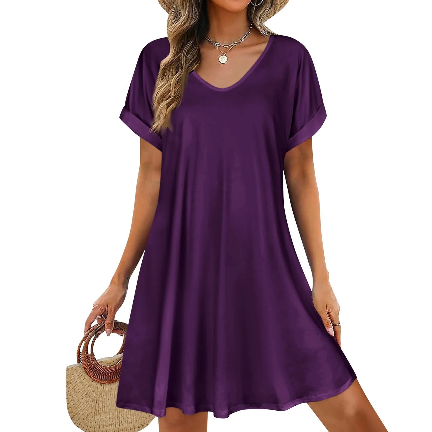 2025 Women Summer Dresses Sex Bikini  Short Sleeve Casual Beach T-shirt Dress Round Neck Loose Swing Sundress