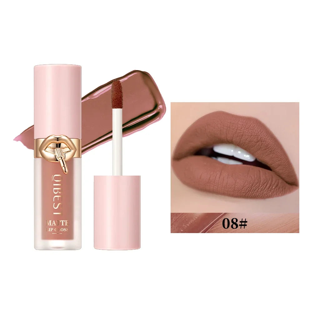 QIBEST Matte Liquid Lipstick Waterproof Silky Sexy Red Lip Gloss Non-Stick Cup Lipgloss Nude Purple Lip Tint Durable Makeup