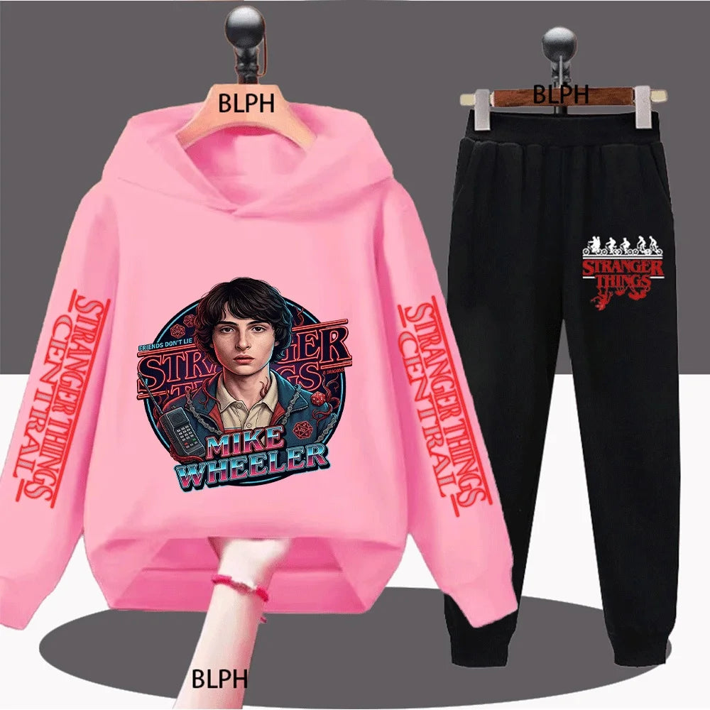 Kids Stranger Things Mike Wheeler Graphic Hoodie Set, Classic TV Show Inspired Casual Sweatshirt and Pants Outfit for Boys Girls
