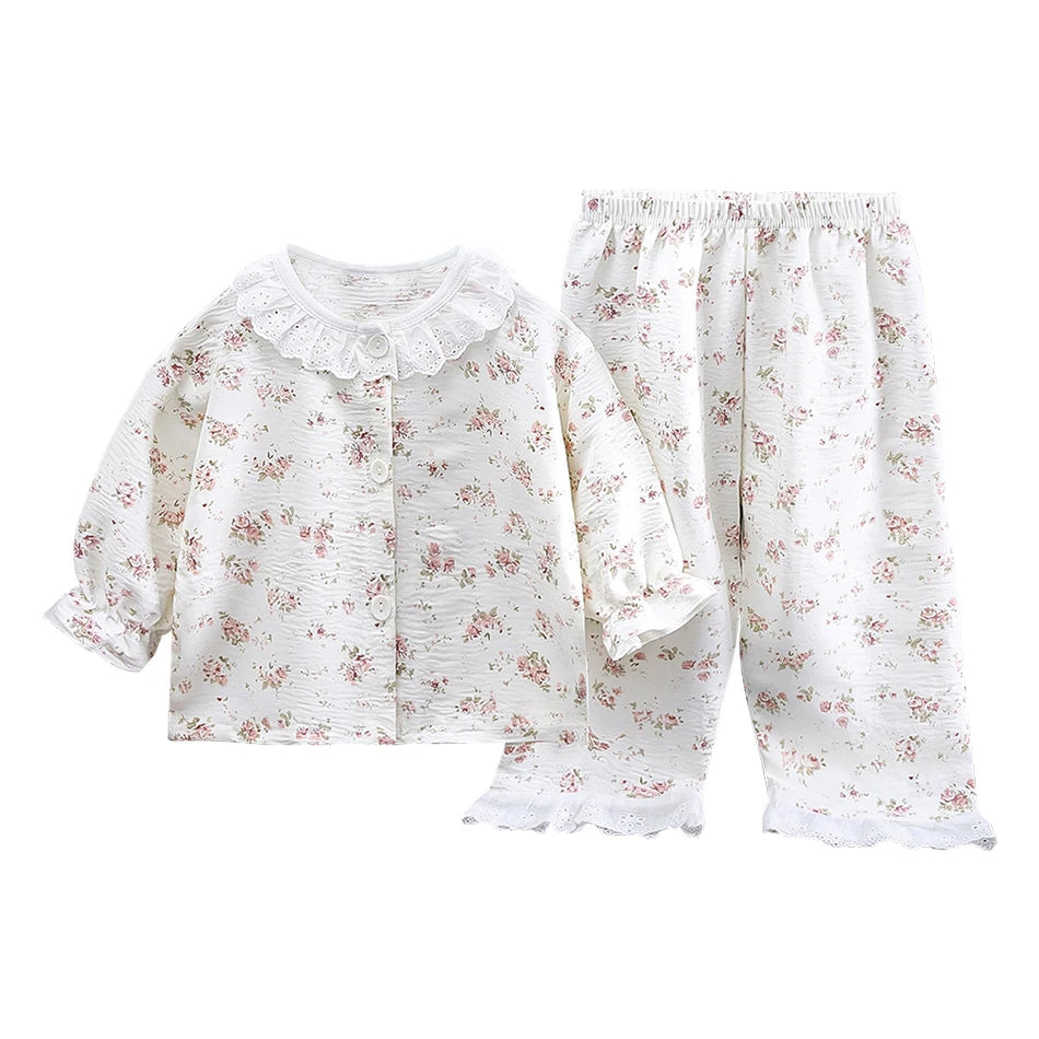 2025 Girl Sleepwear Summer Children Cartoon Lace Ruffles Pajamas Two Piece Set Outfit Casual Loose Home Wear Comfy Kids Clothing