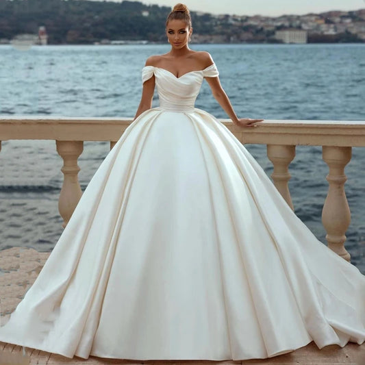 Elegant White Wedding Dresses 2023 Off Shoulder Sweep Train Bride Dress Lace Up Back Satin Wedding Evening Gown Vestido De Novia