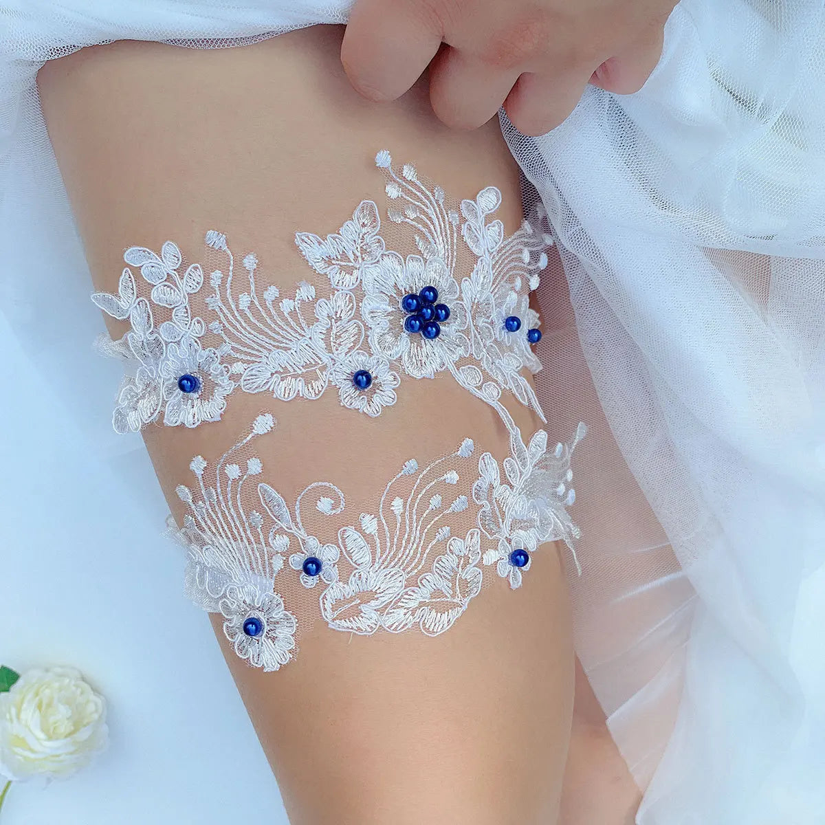 Wedding Garter Embroidery Flower PearlsWhite Sexy Garters for Women/Female/Bride Thigh Ring Bridal Leg Garter