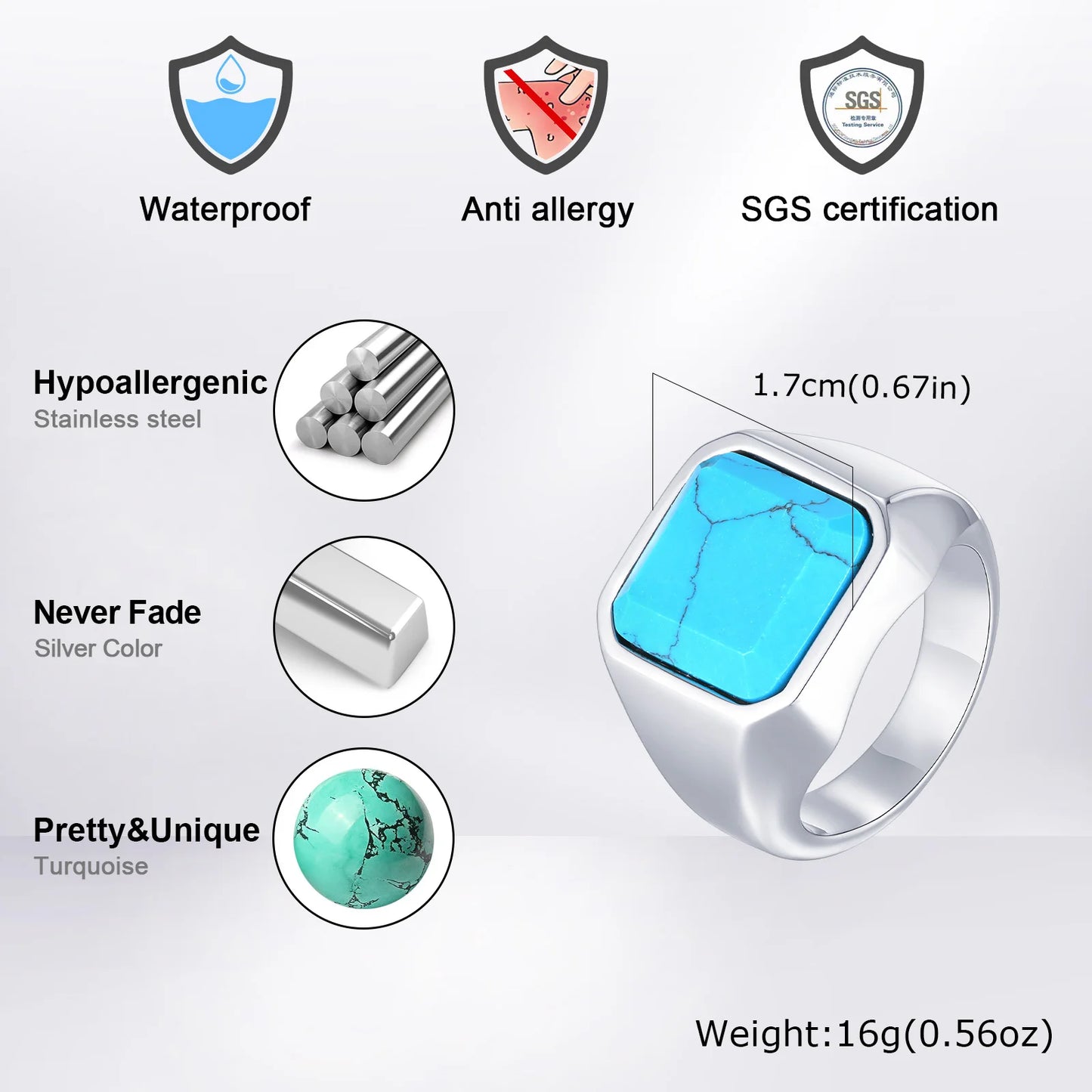 Punk Natural Stone Ring for Men Boys,Never Fade Stainless Steel Square Signet Ring,Birthday Valentine's Day Father Gift for Him