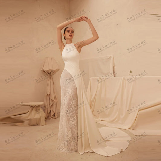 Charming Wedding Dresses Graceful Bridal Gowns Satin Robes Lace Tiered Robes Sleeveless Glamorous Vestidos De Novia Customized