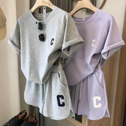 Women Tracksuit Women's Summer Tracksuit Set O Neck Letter Print T-shirt Elastic Waist Shorts Sporty Lady Exercise Outfit