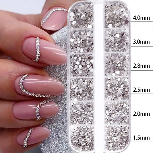 2400pcs+ Shiny Clear Crystal Gems Nail Rhinestones 1.5-4mm Mixed Round Glass Stone Flatback Nail Charms 12grids Nail Diamond DIY