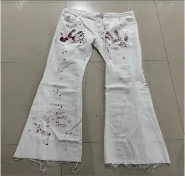 Y2K Harajuku White Horror Blood Handprint Print Jeans for Men And Women Retro Fashion High Street Hip Hop Loose Casual Pants