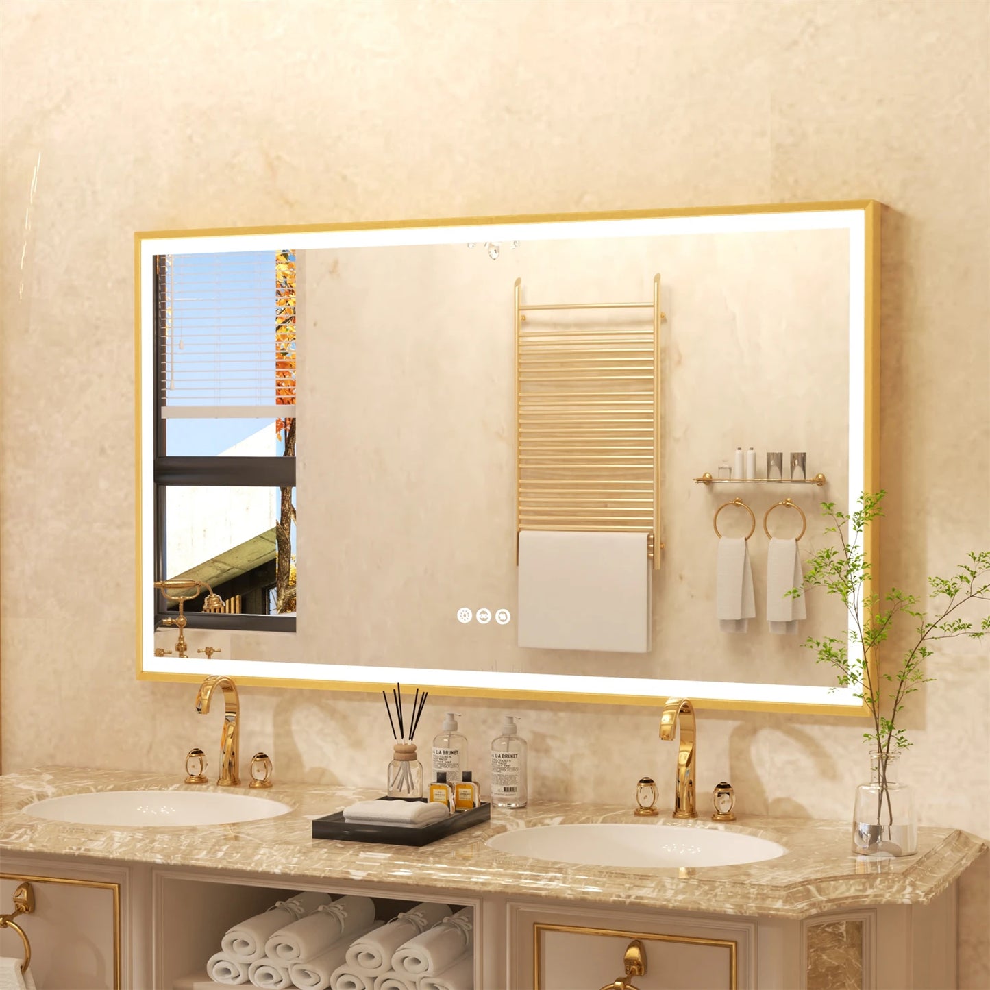 Smart LED Bathroom Mirror Demister Touch Sensor Gold Brushed Brass Frame Anti-Fog Vanity Wall Mirror 3 Sizes