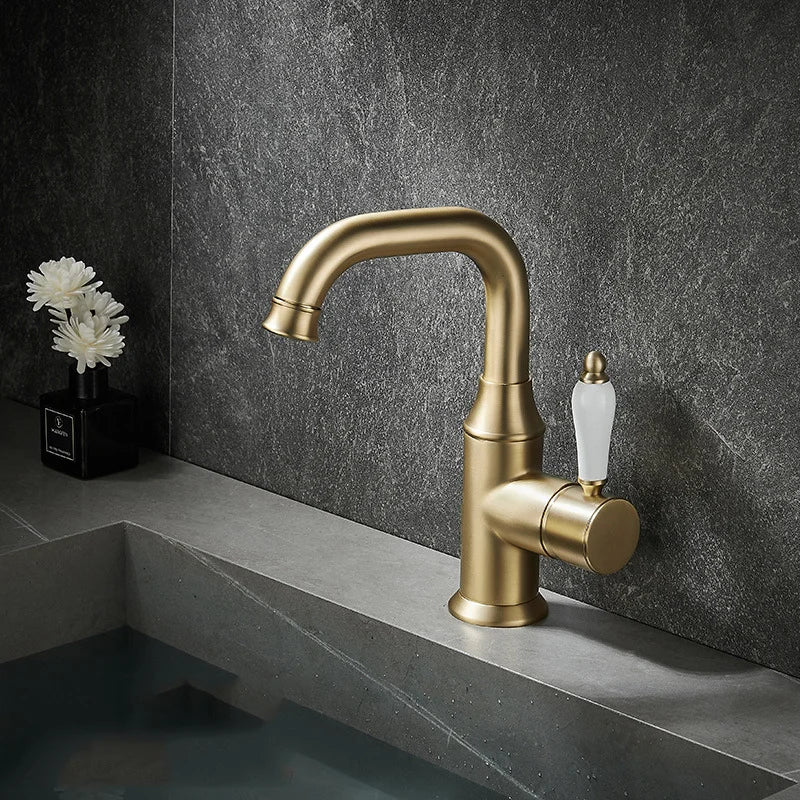 KEMAIDI Bathroom Faucet Brushed Gold Washbasin Faucets Tap Single Handle Cold Hot Water Mixer Tap Deck Mounted Brass Faucets
