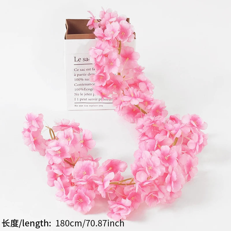 180CM Artificial Cherry Blossoms Vines Silk Sakura Flowers Rattan Hanging Garland Ornaments Wedding Party Garden Home Decoration