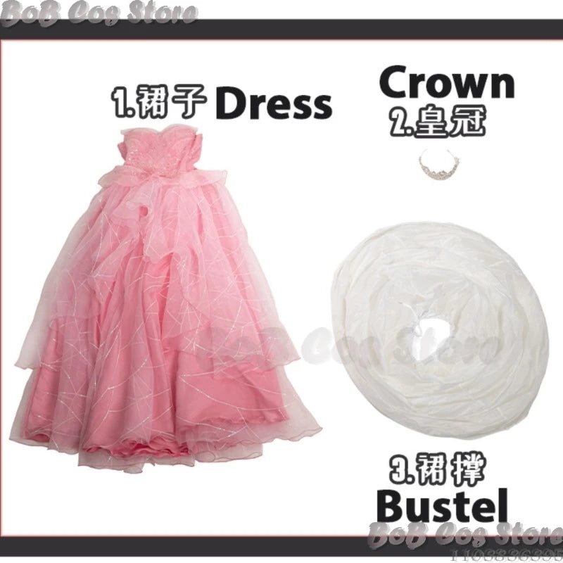 Glinda Wicked Cosplay Costume Prop Galinda Princess Blond Curly Wig Witch Pink Tulle Dress Crown Women Girl Holloween Customized