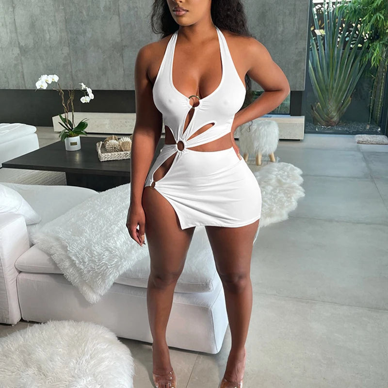 Summer Dresses Woman 2022 High Street Stretch Slim Hollow Sexy Mini Bodycon Dress Elegant Orange Sleeveless Club Party Sundress